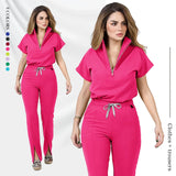 Women’s medical scrub set featuring a zipper top and pants in vibrant pink, suitable for healthcare settings.