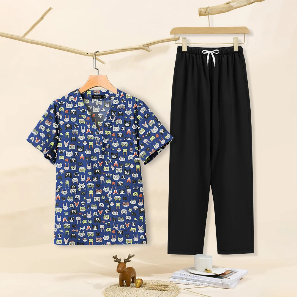 Cartoon print dental scrubs featuring a V-neck top and black pants for pet grooming and beauty salons.