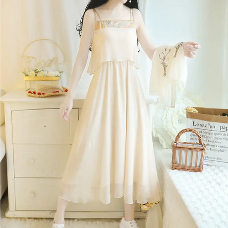 Floral 2-piece Hanfu summer dress in beige with delicate embroidery, perfect for women, made of polyester and spandex.