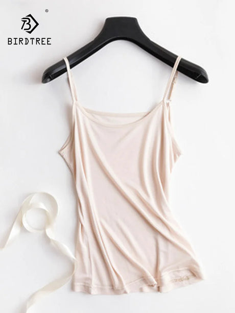 SilkAura™ Silk Blend Knit Camisole by BIRDTREE, soft and breathable summer tank in light beige.