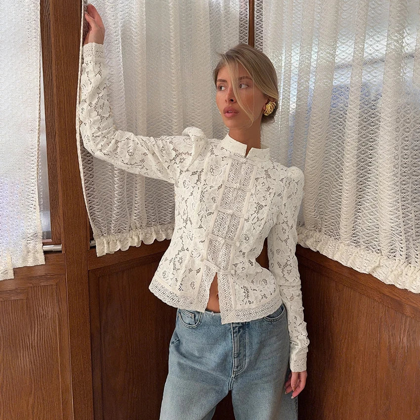 Lace Bloom Embroidered Puff Sleeve Blouse