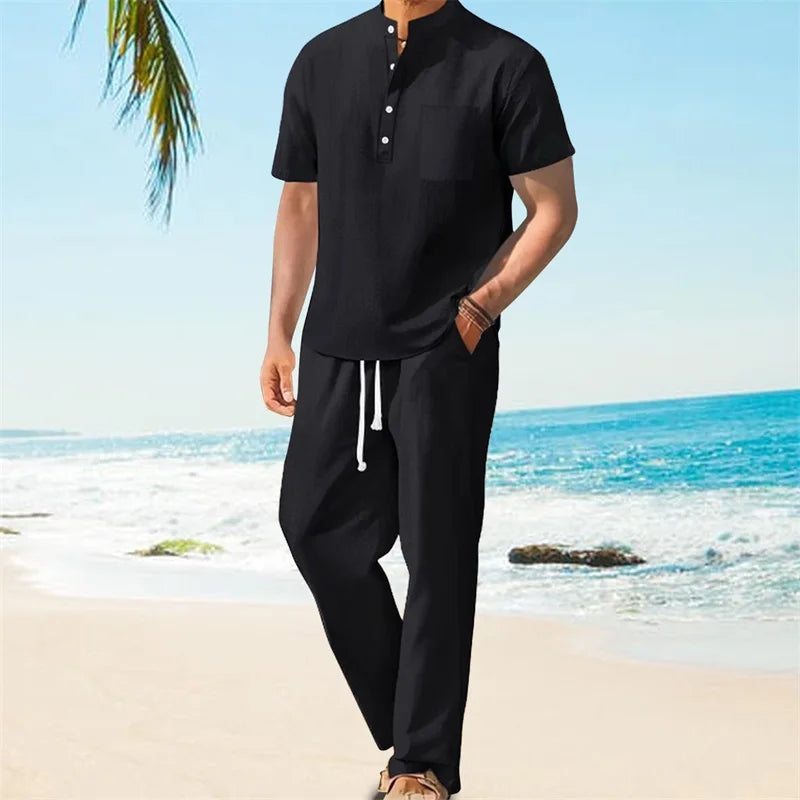Men Henley Shirt Pants Set