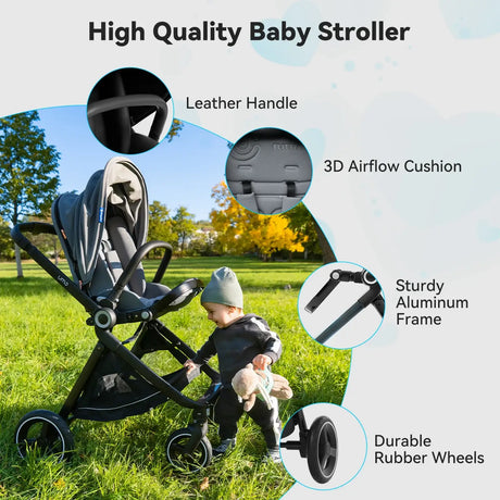High quality EMU reversible baby stroller with leather handle, 3D airflow cushion, sturdy aluminum frame, and durable rubber wheels.
