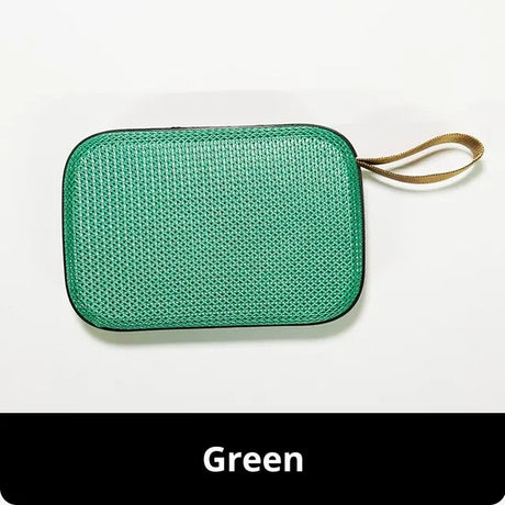 Green mesh carrying case for portable outdoor speakers, designed for convenience and protection.