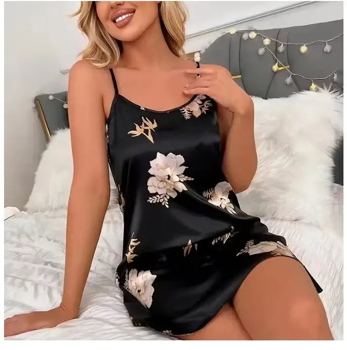 Women Black Floral Satin Nightdress Sleep Shirt