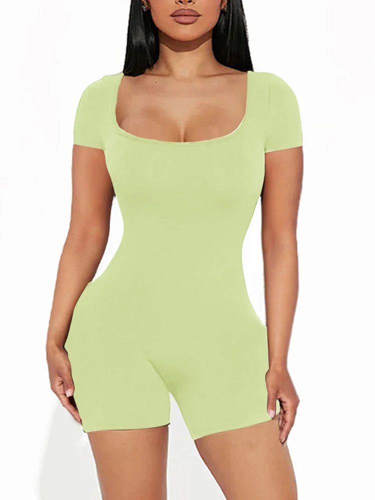 Women Solid Short Sleeve U Neck Jumpsuit