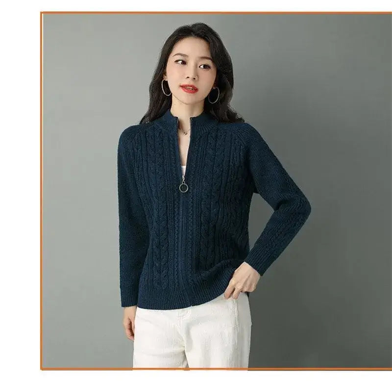 Women Zipper High Collar Knit Cardigan