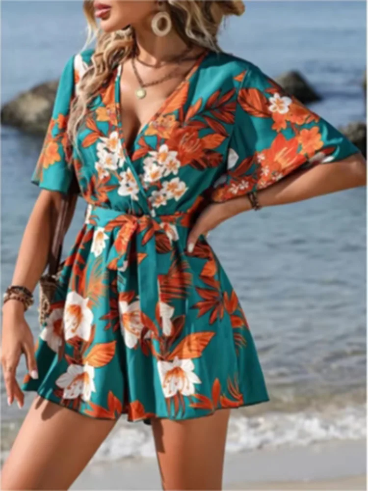 BreezyWave™ – Printed V-Neck Beach Jumpsuit (Fresh, Lightweight & Laid-Back)