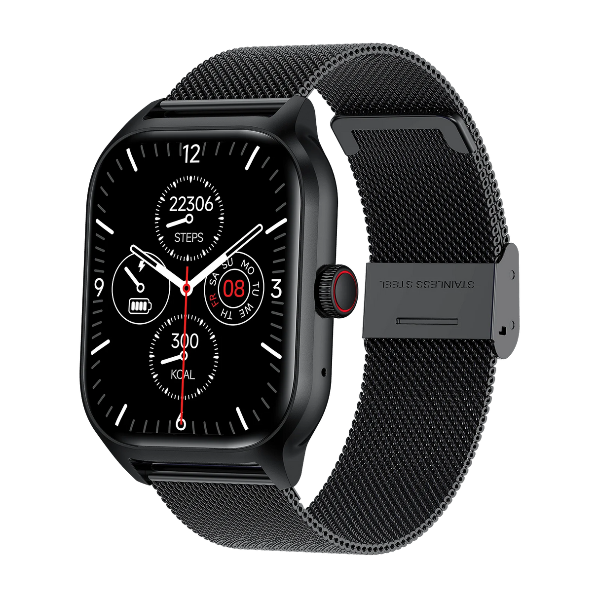 LEMFO LT10 Smart Watch 2024 with Bluetooth, fitness tracker, black stainless steel band, activity monitor.