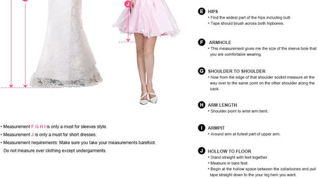 Measurement guide for wedding dress fitting including hips, armhole, shoulder width, and arm length.