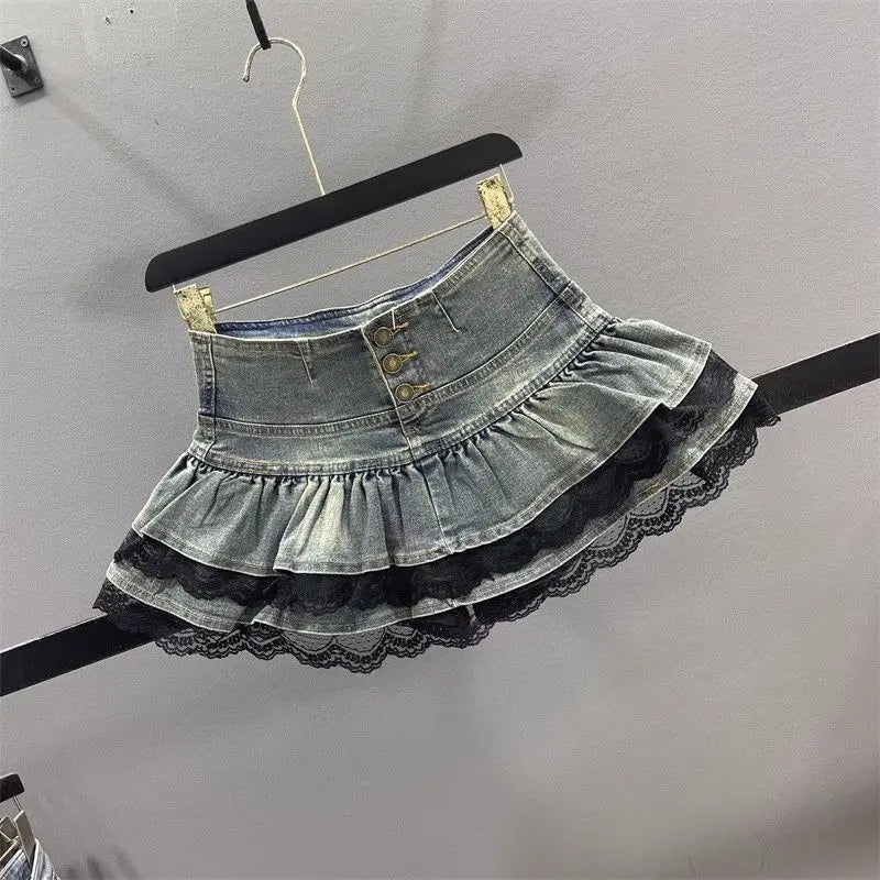 LaceFold™ – Pleated Denim Skirt with Shorts (American Spicy Girl)