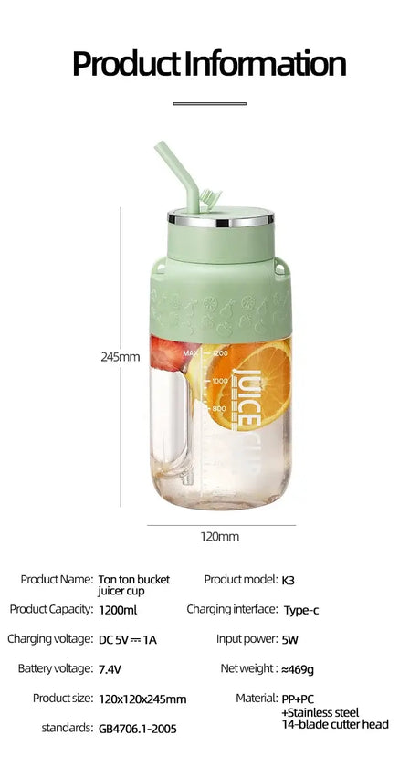1200ml Ton Ton Bucket Juicer Cup with straw, ideal for fresh juice on-the-go, featuring stainless steel and PP material.