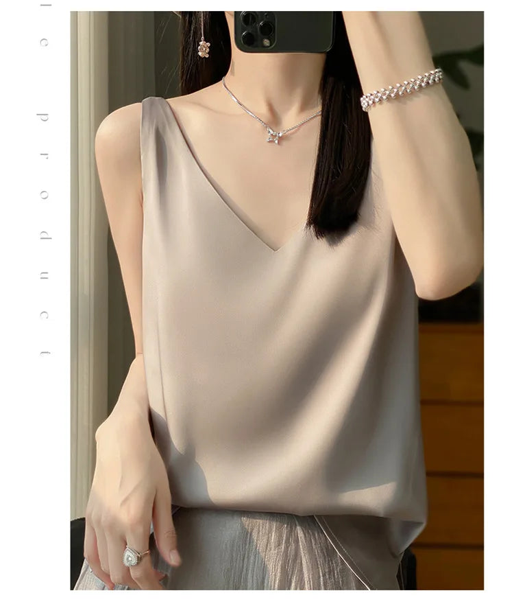 Ice Silk Satin V‑Neck Camisole Crop Top