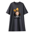 Black casual t-shirt dress with cartoon girl graphic and bow, perfect for summer wear.