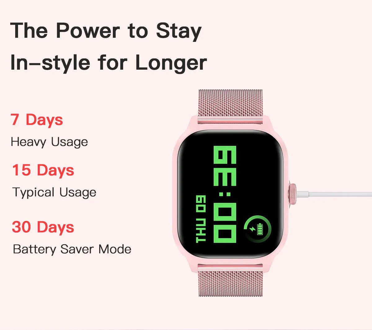 LEMFO LT10 Smart Watch showcasing battery life: 7 days heavy use, 15 days typical use, 30 days battery saver mode.