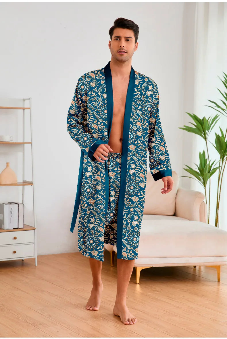 Men’s Leopard Satin Bathrobe Set