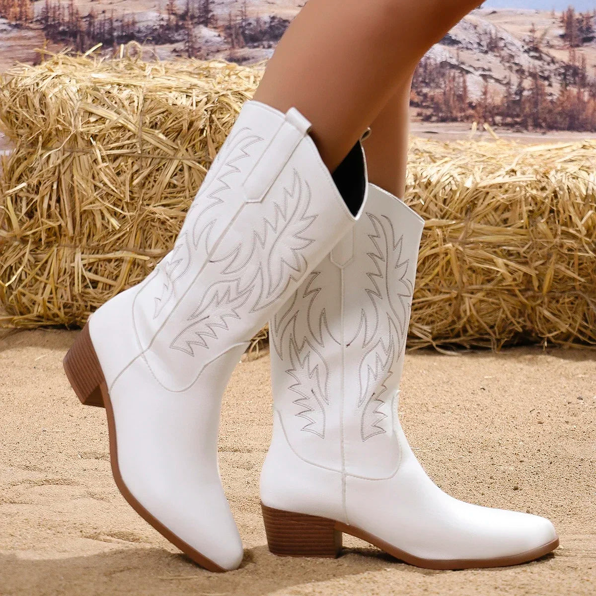 Women Mid Calf Boots Pointed Toe Fur Heels