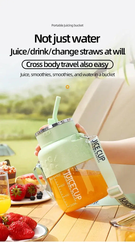 Wireless portable juicing bucket for juices and smoothies, ideal for travel with reusable straw.