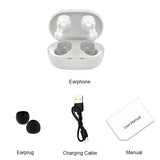 TWS A6S Wireless Bluetooth Headset with earplugs, charging cable, and manual in white case.