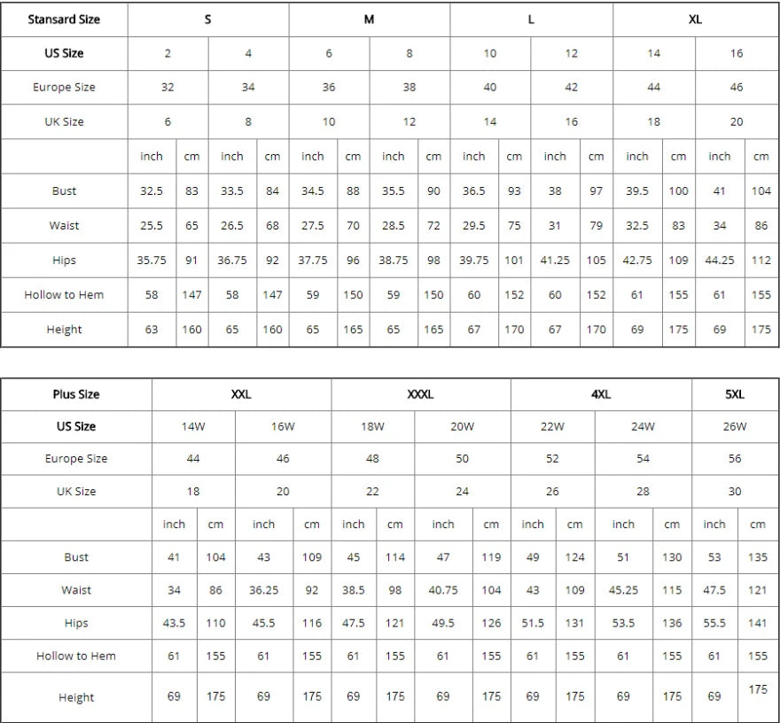 Size chart for standard and plus size wedding dresses including measurements for bust, waist, hips, and height.