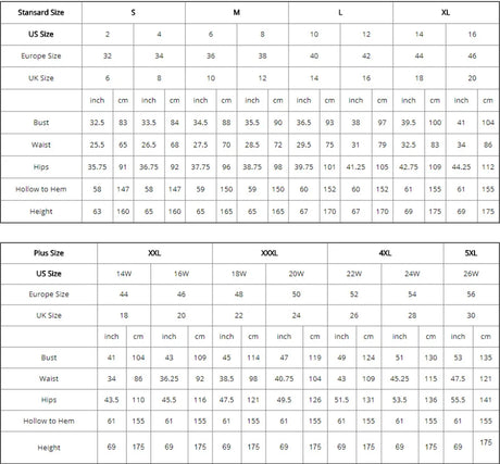 Size chart for standard and plus size wedding dresses including measurements for bust, waist, hips, and height.