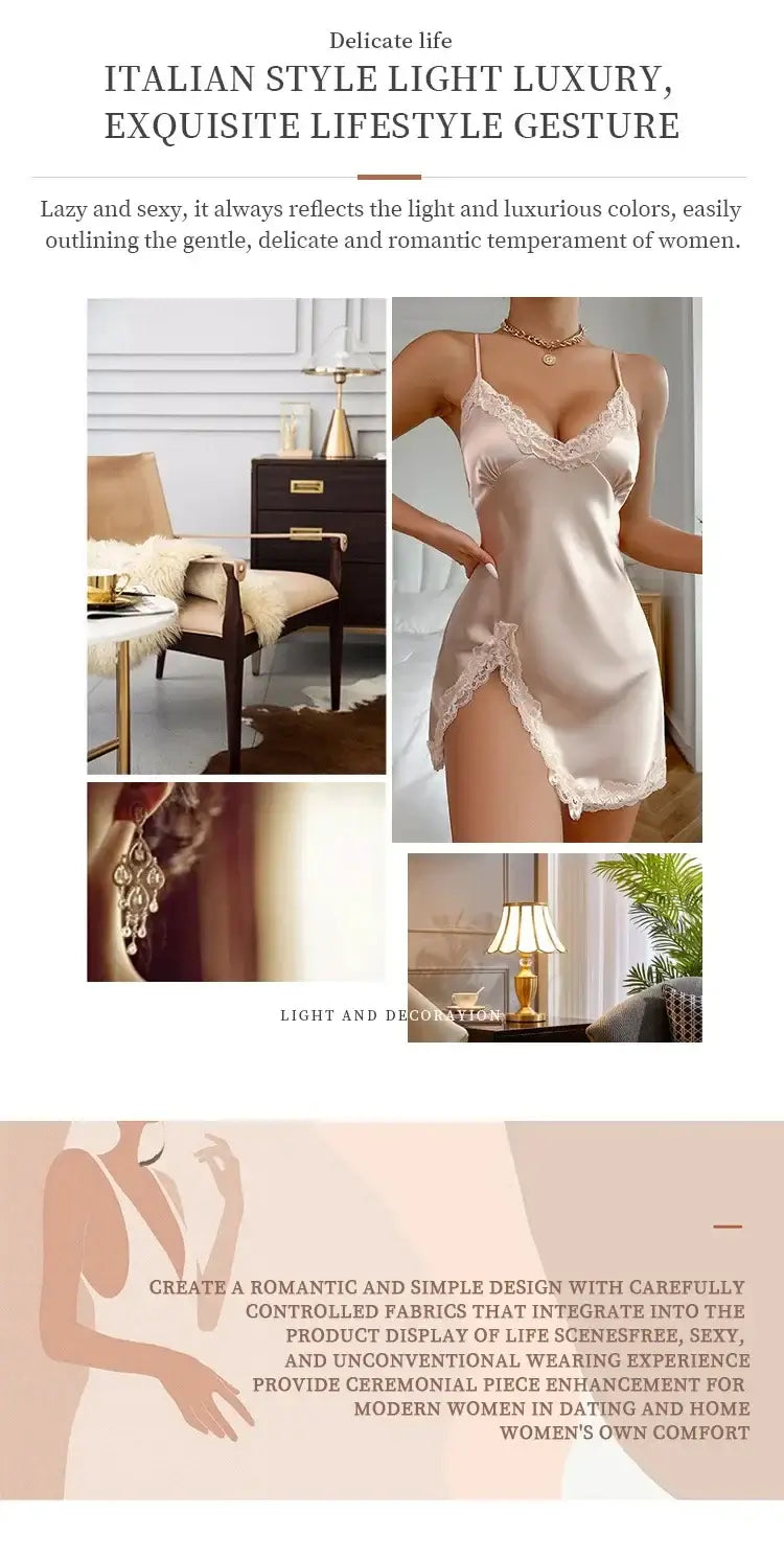 Women Satin Lace Nightdress Deep V Backless Sleepwear
