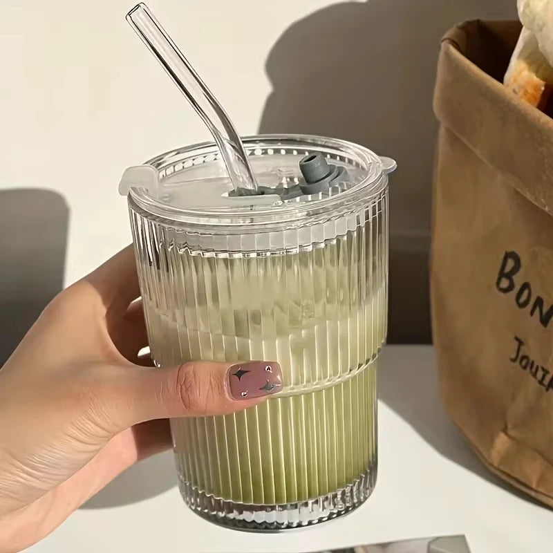 Stripe Glass Cup with Straw