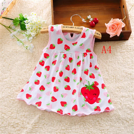 Sleeveless cotton baby dress with strawberry pattern, suitable for newborn girls, perfect for summer wear.