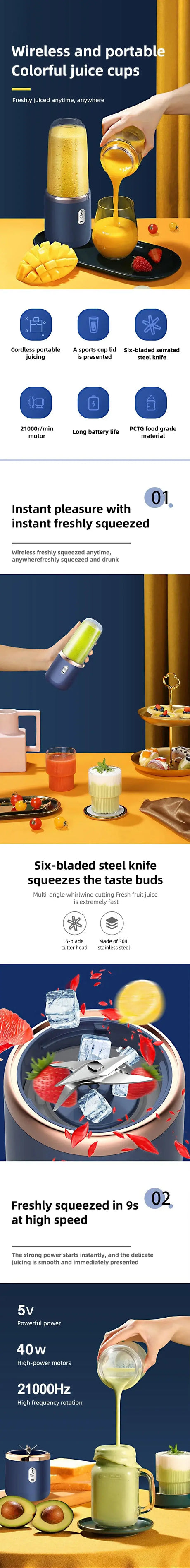 Portable 2 Cup Fruit Juicer Blender features wireless design, stainless steel blades, and compact size for easy blending.