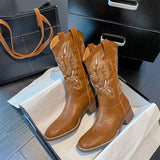 Women Mid Calf Boots Rose Embroidery Leather