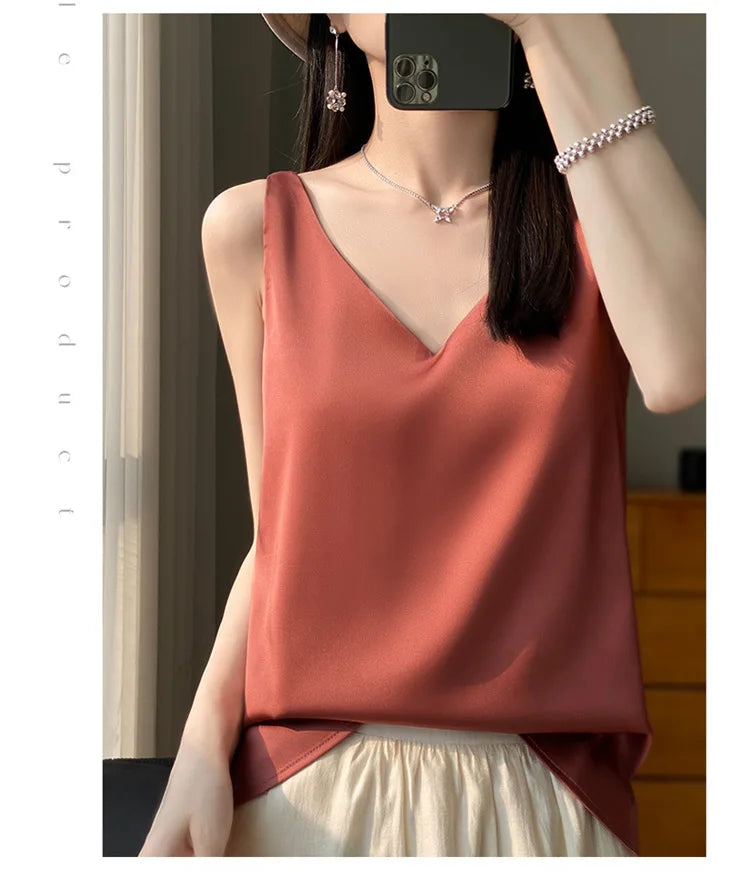 Ice Silk Satin V‑Neck Camisole Crop Top