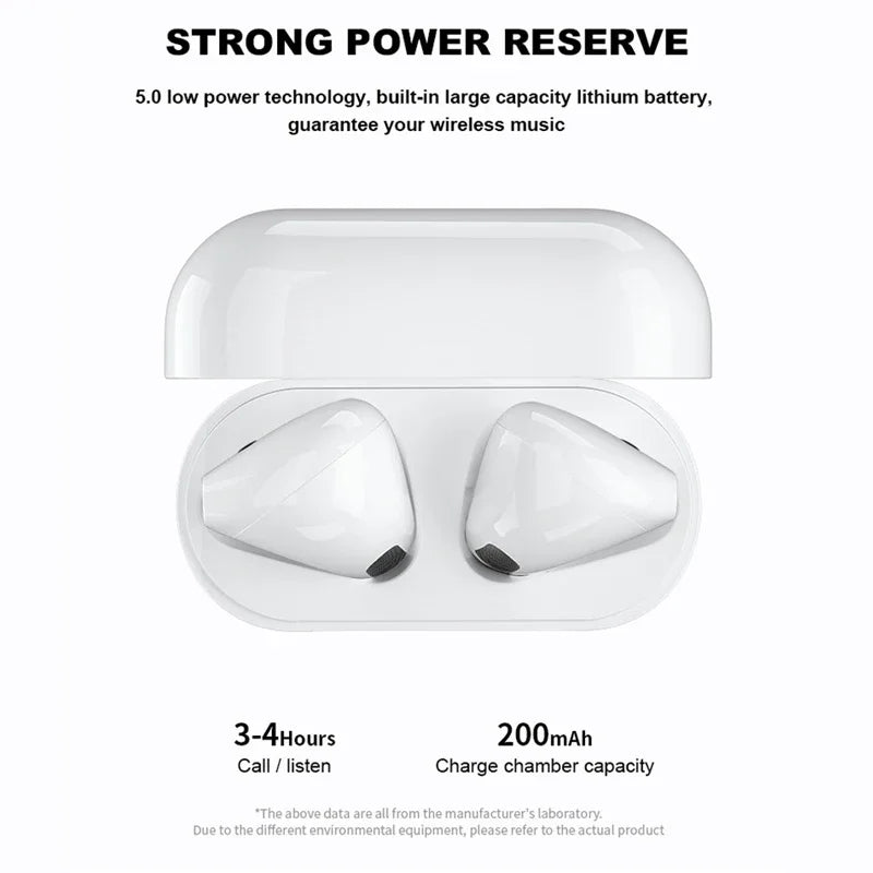 Wireless semi-in-ear headphones in charging case, featuring 3-4 hours call time and 200mAh chamber capacity.