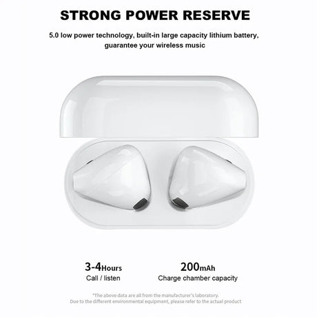 Wireless semi-in-ear headphones in charging case, featuring 3-4 hours call time and 200mAh chamber capacity.
