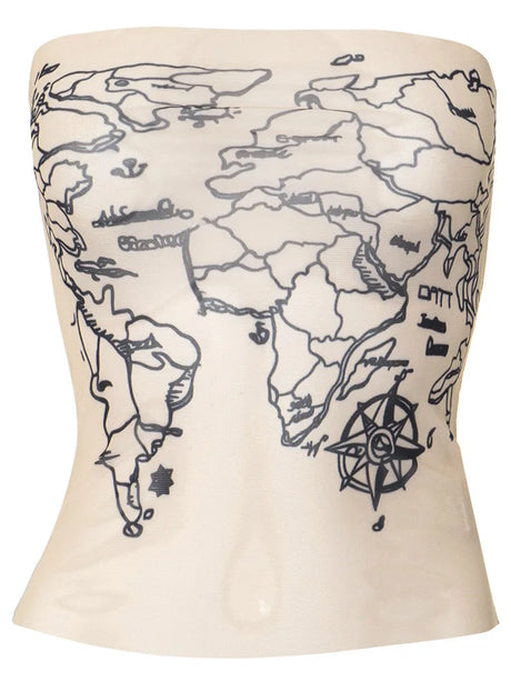 Sleeveless tube crop tank top featuring a world map print design in a backless style for women.