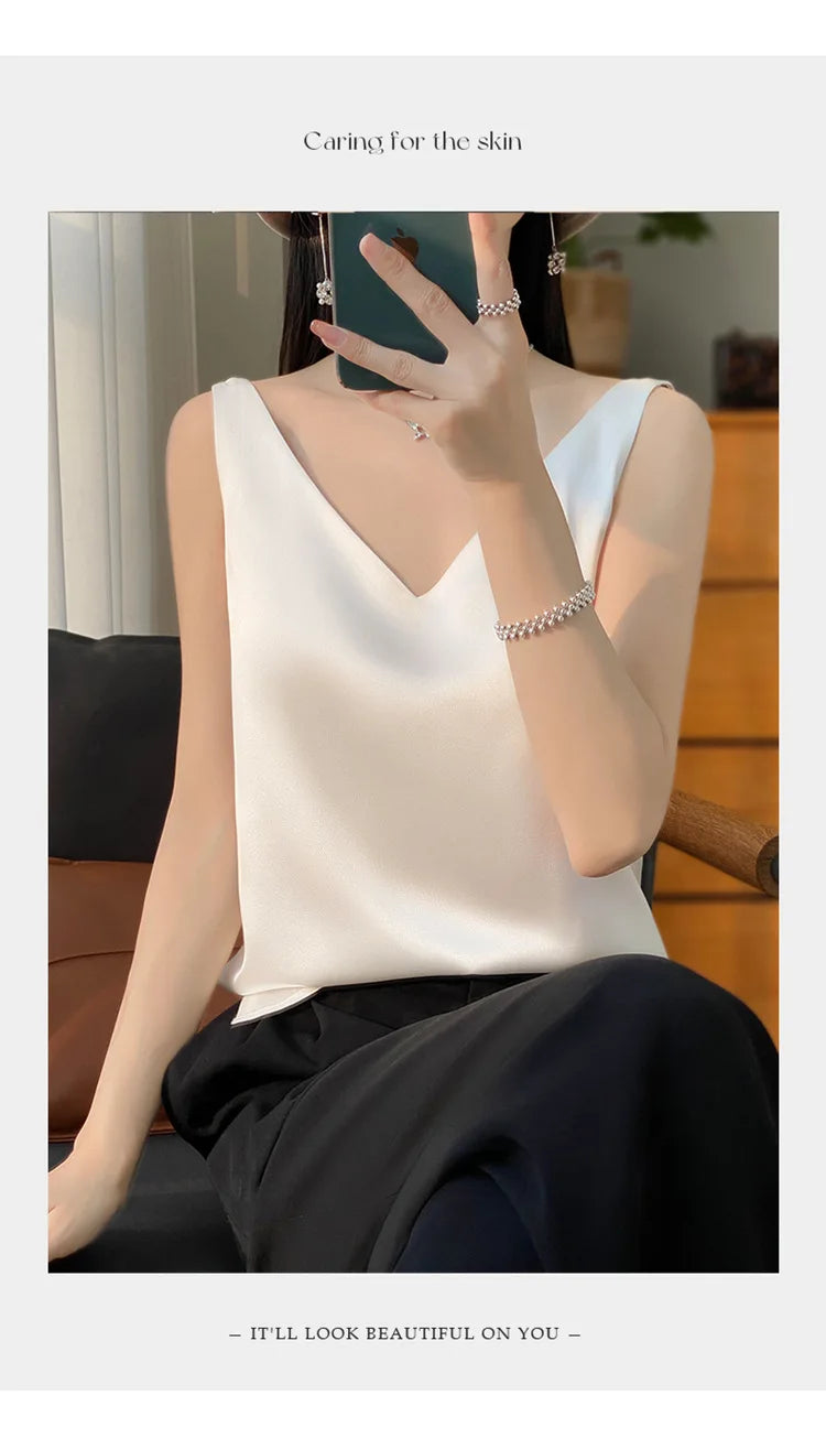 Ice Silk Satin V‑Neck Camisole Crop Top