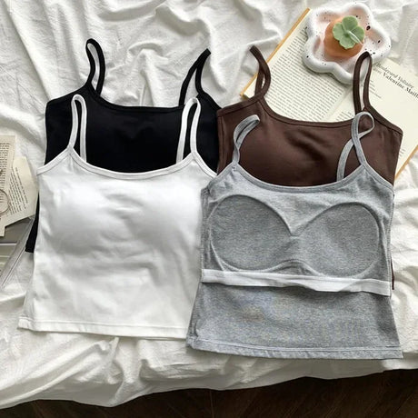 CottoForm™ padded cotton camisoles in black, brown, white, and gray, perfect for summer's slim fit sleeveless style.