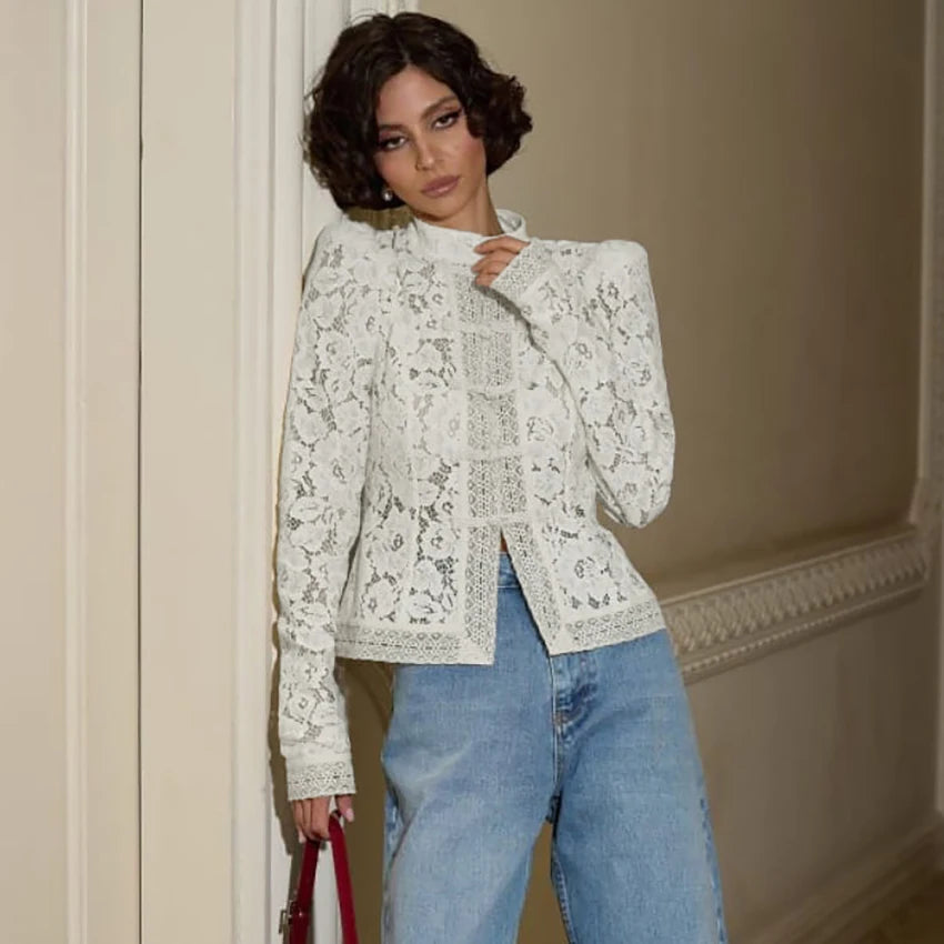 Lace Bloom Embroidered Puff Sleeve Blouse