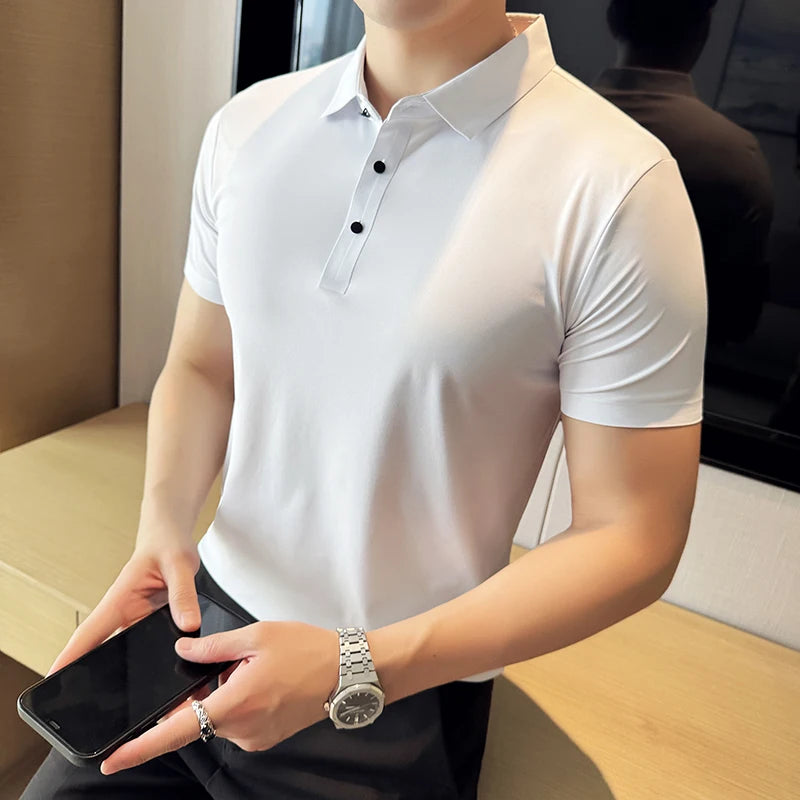 Men Ice Silk Polo Shirt Brown Top