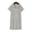 Striped pleated maternity dress in baby shower pink with hood and pockets, perfect for summer wear.