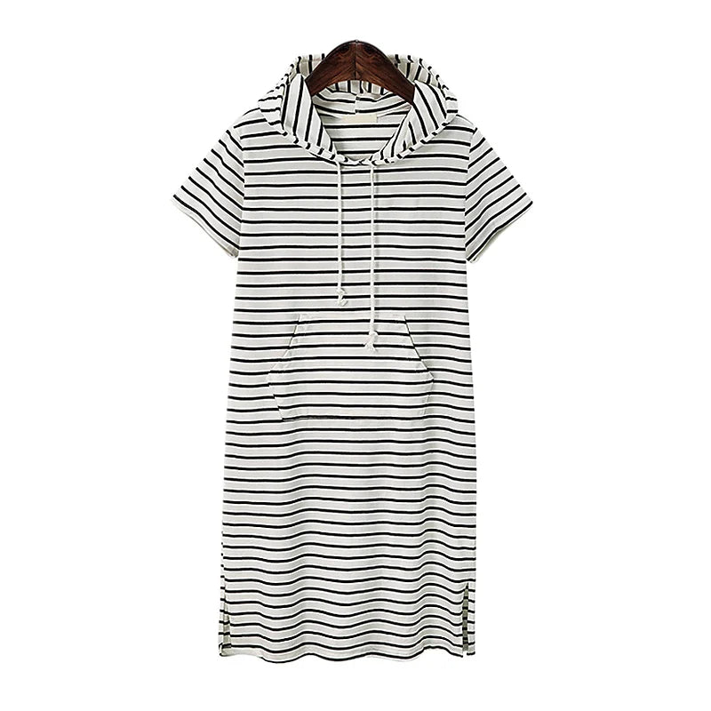 Striped pleated maternity dress in baby shower pink with hood and pockets, perfect for summer wear.