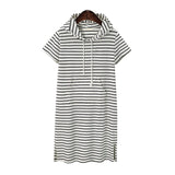 Striped pleated maternity dress in baby shower pink with hood and pockets, perfect for summer wear.