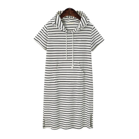 Striped pleated maternity dress in baby shower pink with hood and pockets, perfect for summer wear.