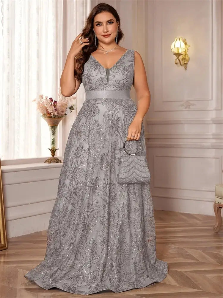 Women Plus Size V-Back Sequin Evening Cocktail Dress