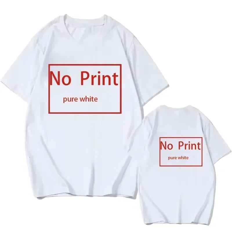 White t-shirt featuring minimalist 'No Print' design, ideal for casual wear, showcasing simplicity and comfort.