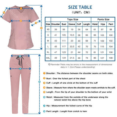 Size chart for Solid Color Pharmacist Lab Coat with measurements for tops and pants in centimeters.