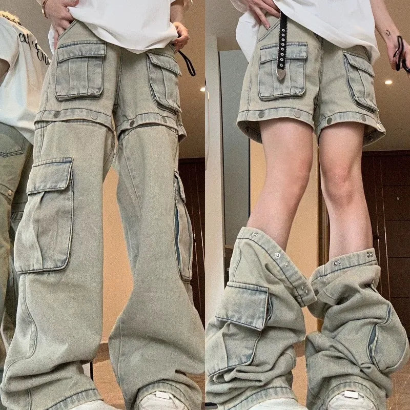 StreetMode™ – Detachable Wide Leg Jeans (Y2K Multi-Pocket Retro Style)