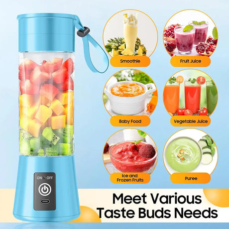380ml mini electric juicer for smoothies, fruit juice, baby food, and more with USB charging in blue.