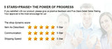 Image showcasing customer feedback with five-star ratings for item description, communication, and shipping speed.