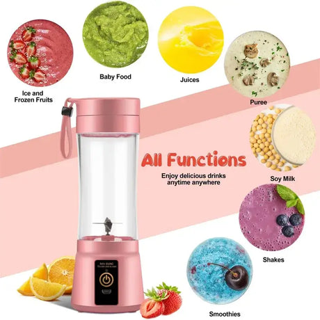 380ml Mini Electric Juicer showcasing functions like smoothies, juices, baby food, and more in a stylish pink design.