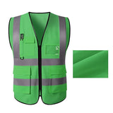 Unisex multi-pocket safety vest in bright green with reflective stripes, made of breathable woven polyester.
